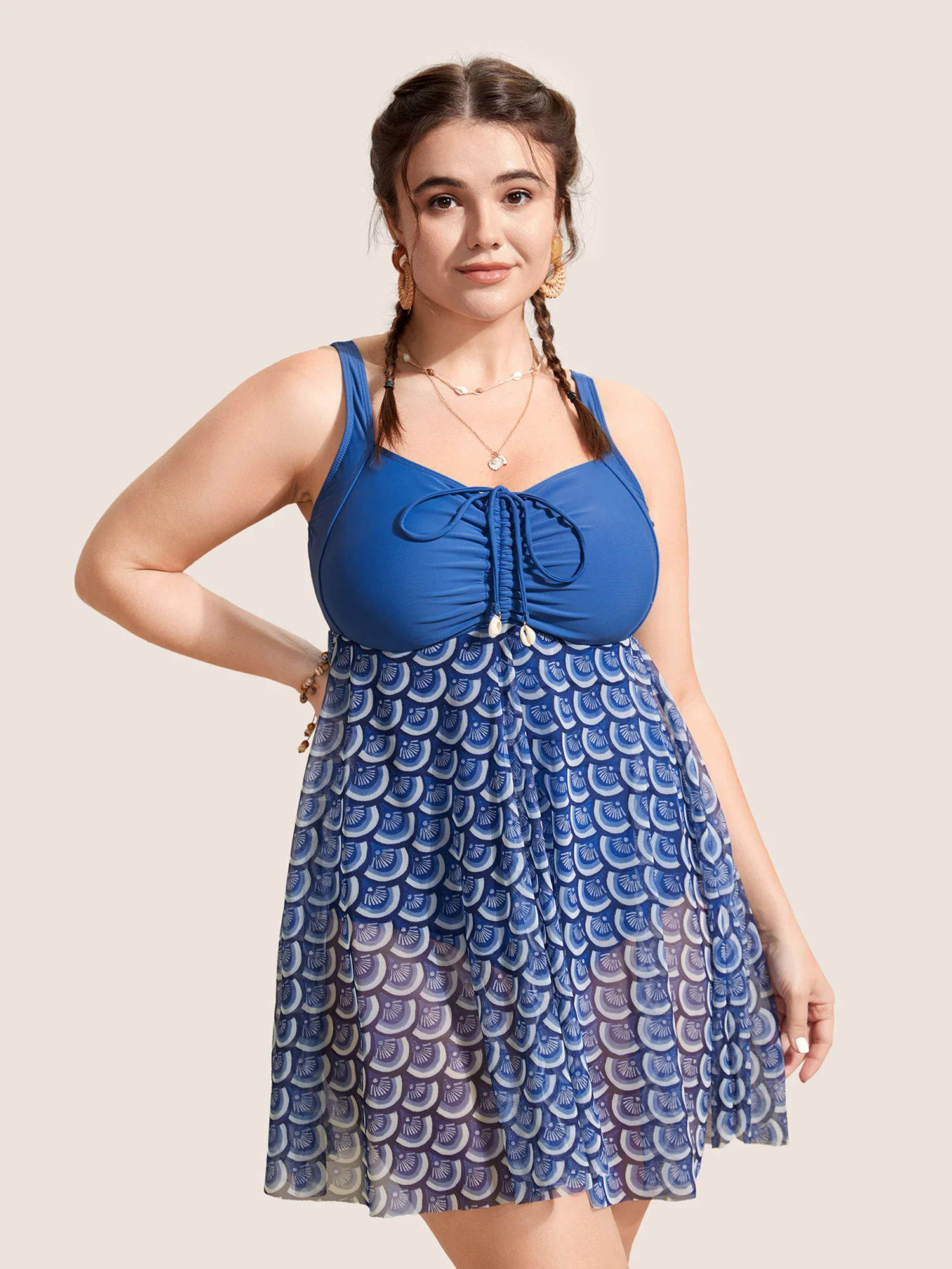 Marine Elements Patchwork Drawstring Mesh Swim Dress Marine Elements Patchwork Drawstring Mesh Swim Dress