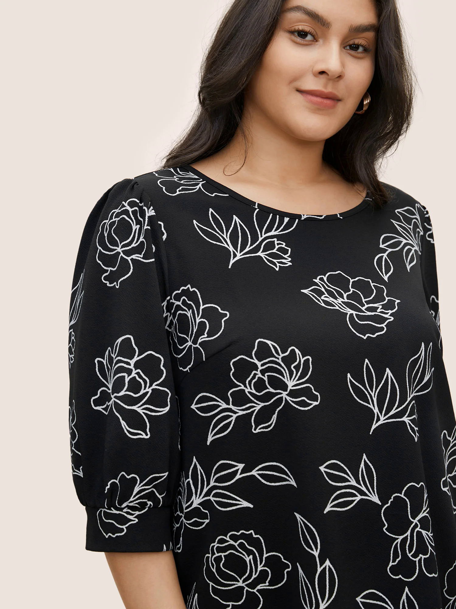 Floral Print Crew Neck Lantern Sleeve T-shirt Floral Print Crew Neck Lantern Sleeve T-shirt