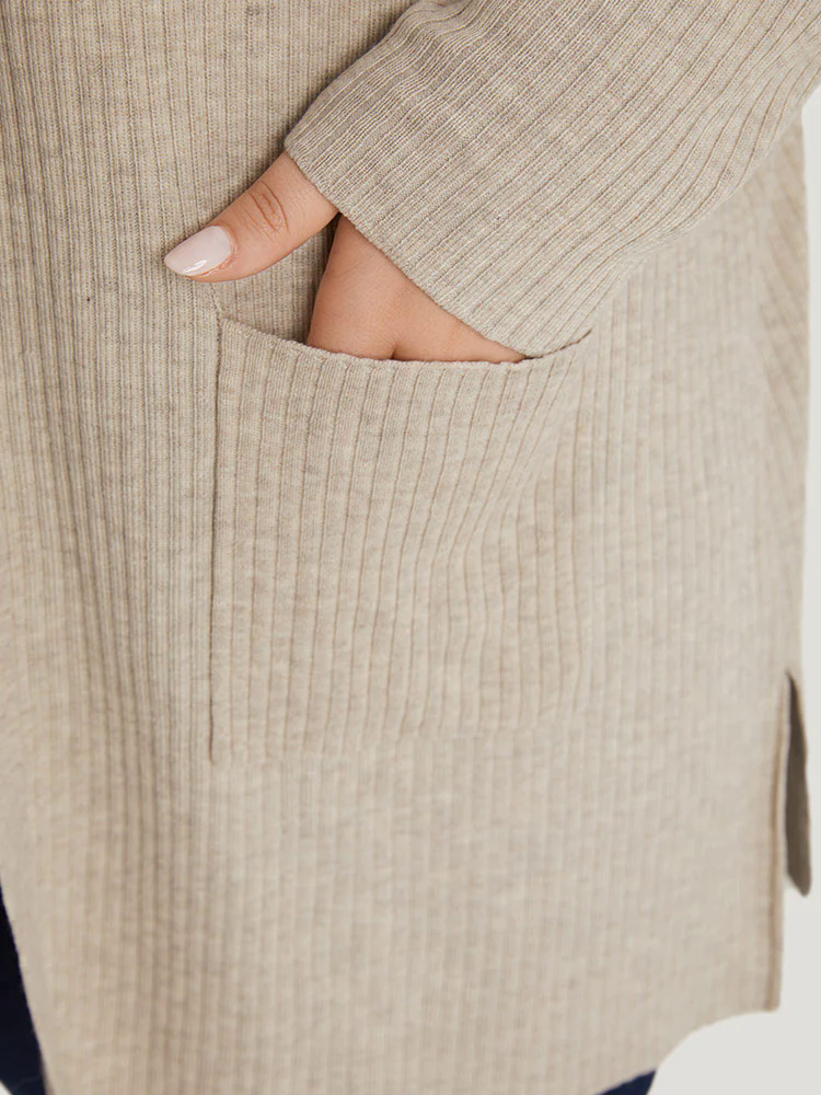 Plain Belted Patched Pocket Split Side Cardigan Plain Belted Patched Pocket Split Side Cardigan