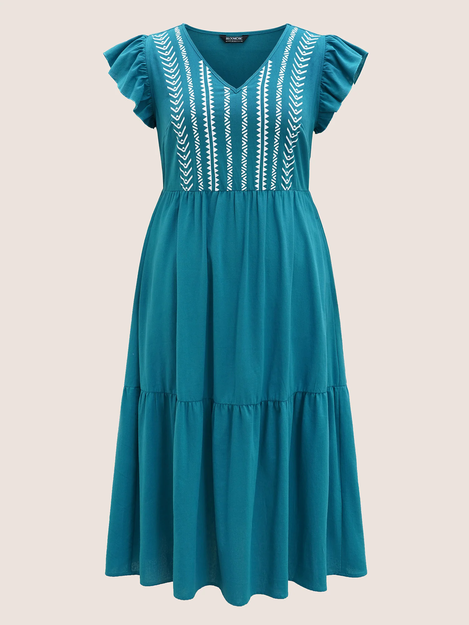 Cotton Bandana Geometric Ruffle Cap Sleeve Midi Dress Cotton Bandana Geometric Ruffle Cap Sleeve Midi Dress