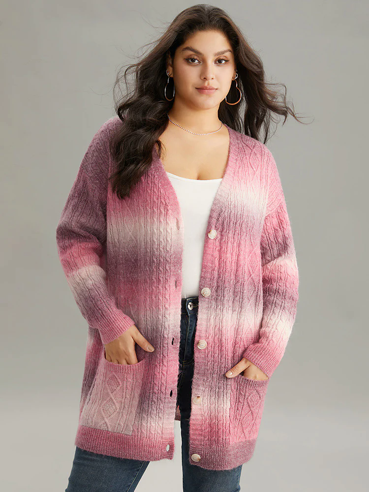 Ombre Cable Knit Patched Pocket Cardigan Ombre Cable Knit Patched Pocket Cardigan