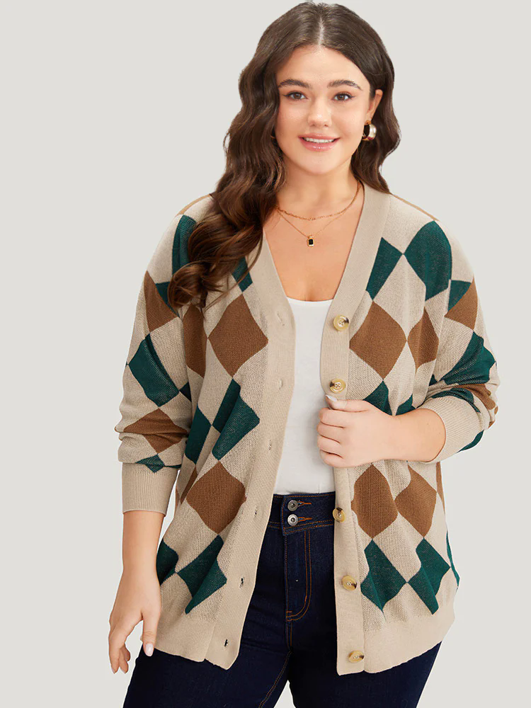 Argyle Plaid Contrast Button Up Cardigan Argyle Plaid Contrast Button Up Cardigan