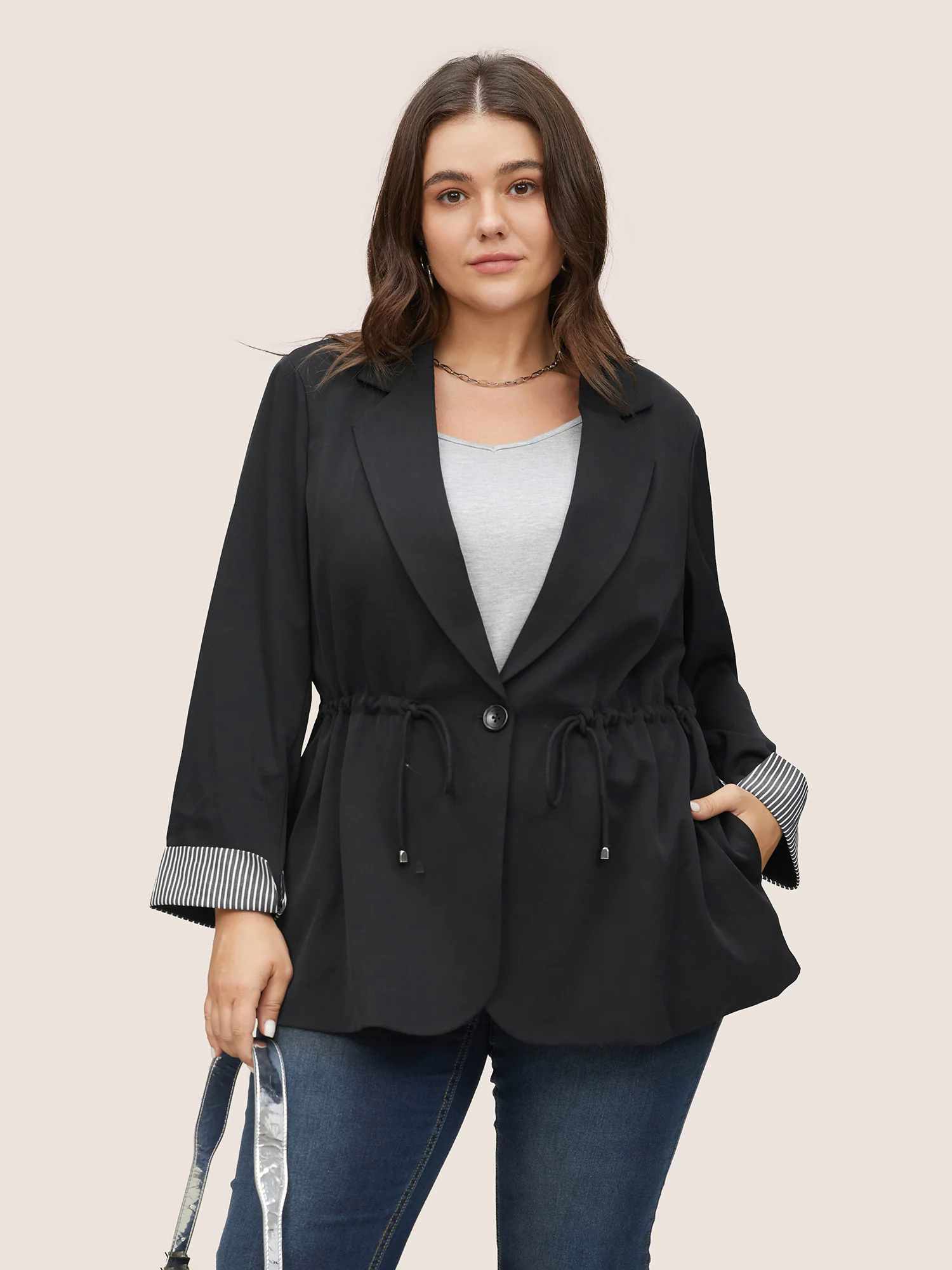Striped Patchwork Drawstring Suit Collar Blazer Striped Patchwork Drawstring Suit Collar Blazer