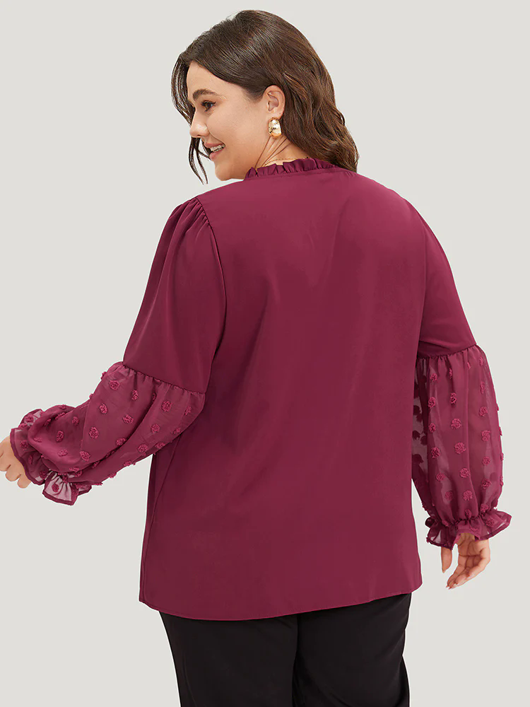 Anti-Wrinkle Plain Knot Neck Frill Trim Lantern Sleeve Blouse