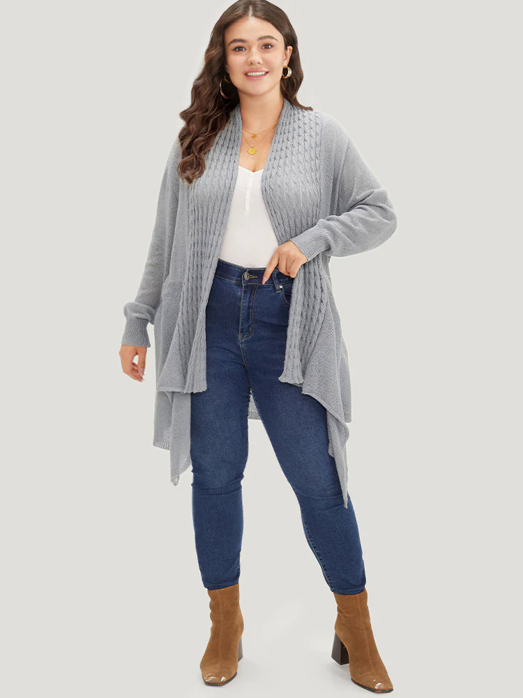 Cable Knit Open Front Asymmetrical Hem Cardigan Cable Knit Open Front Asymmetrical Hem Cardigan