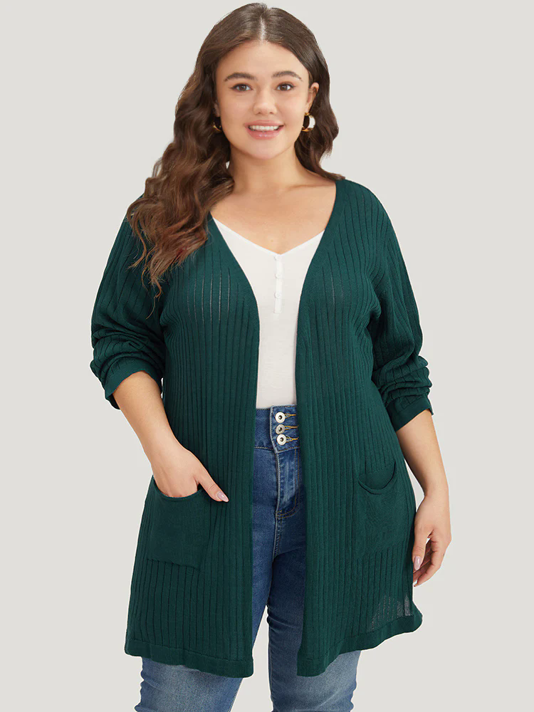 Solid Rib Knit Pocket Lightweight Tunic Cardigan Solid Rib Knit Pocket Lightweight Tunic Cardigan