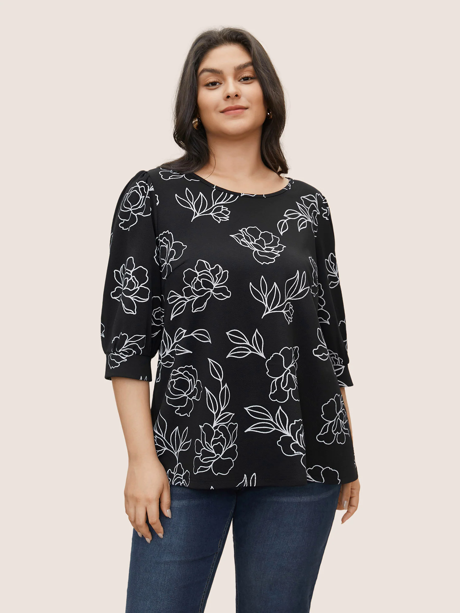 Floral Print Crew Neck Lantern Sleeve T-shirt Floral Print Crew Neck Lantern Sleeve T-shirt
