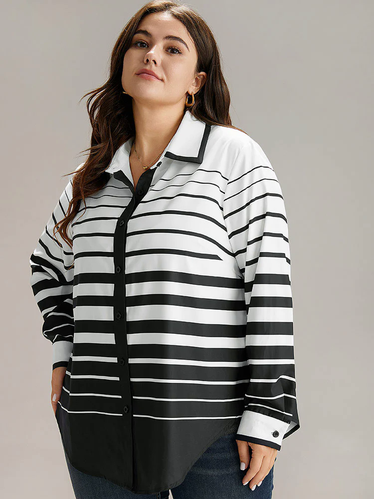 Striped Button Through Curved Hem Blouse Striped Button Through Curved Hem Blouse