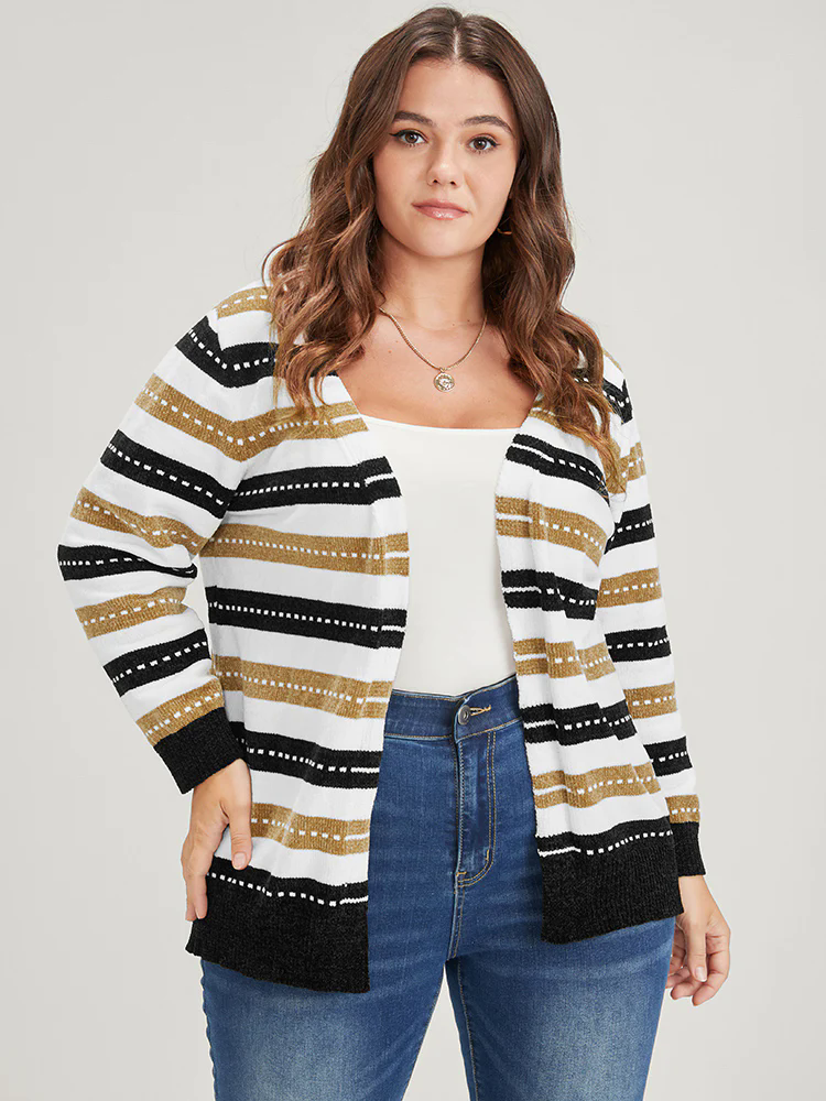 Striped Contrast Pointelle Knit Jacquard Open Front Cardigan Striped Contrast Pointelle Knit Jacquard Open Front Cardigan