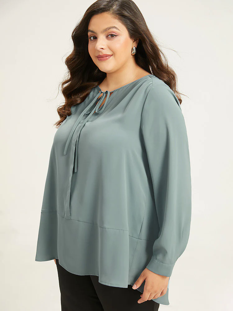 Anti-Wrinkle Solid Tie Neck Gathered Blouse Anti-Wrinkle Solid Tie Neck Gathered Blouse