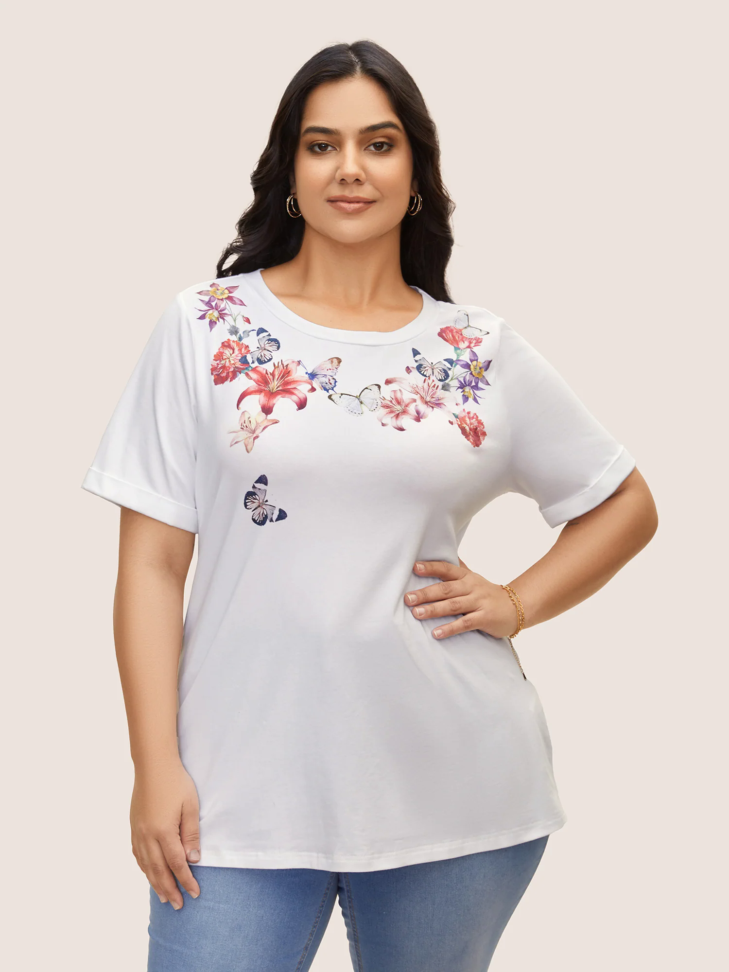 Cotton Natural Flowers Print Round Neck T-shirt Cotton Natural Flowers Print Round Neck T-shirt
