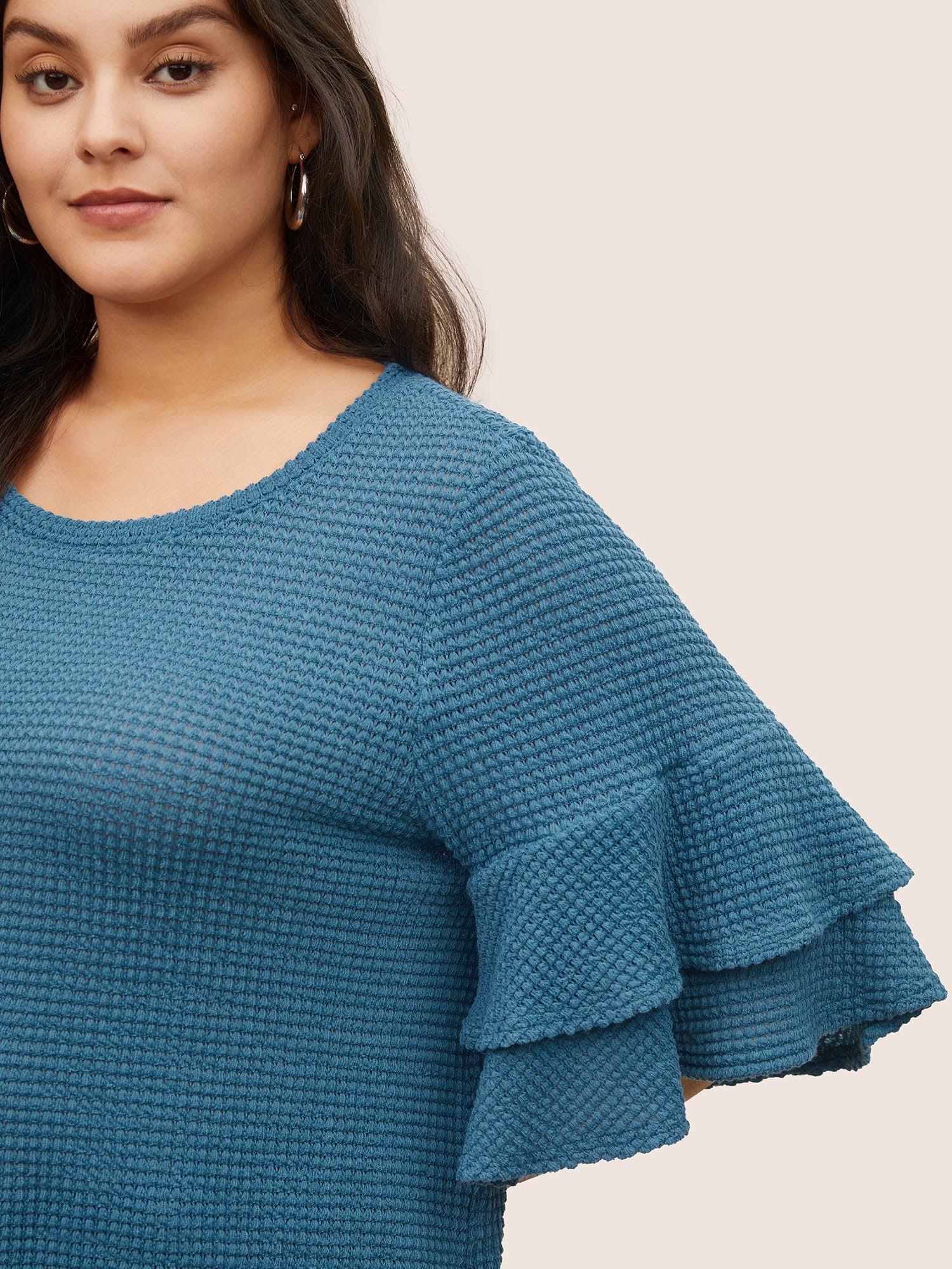 Solid Waffle Knit Tiered Flutter Sleeve T-shirt Solid Waffle Knit Tiered Flutter Sleeve T-shirt