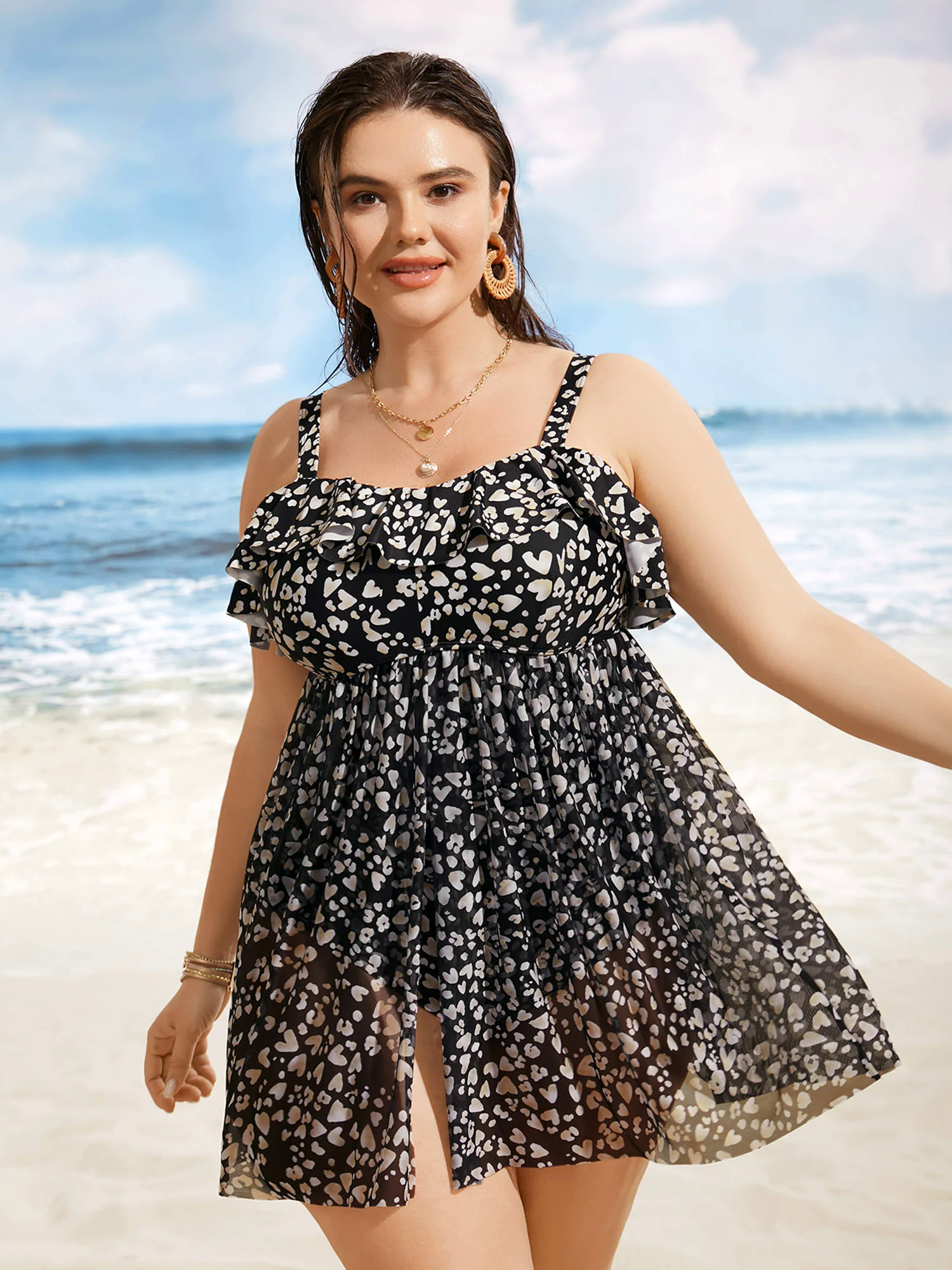 Leopard Print Ruffle Trim Mesh Split Hem Swim Dress Leopard Print Ruffle Trim Mesh Split Hem Swim Dress
