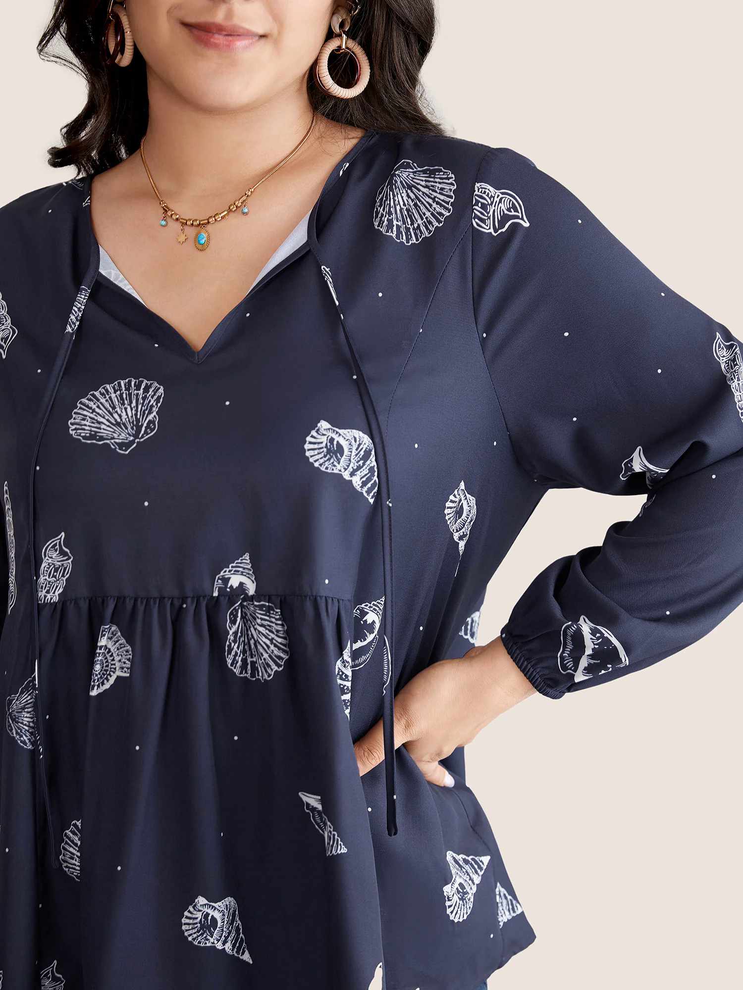 Marine Life Patterns Ties Gathered Blouse Marine Life Patterns Ties Gathered Blouse
