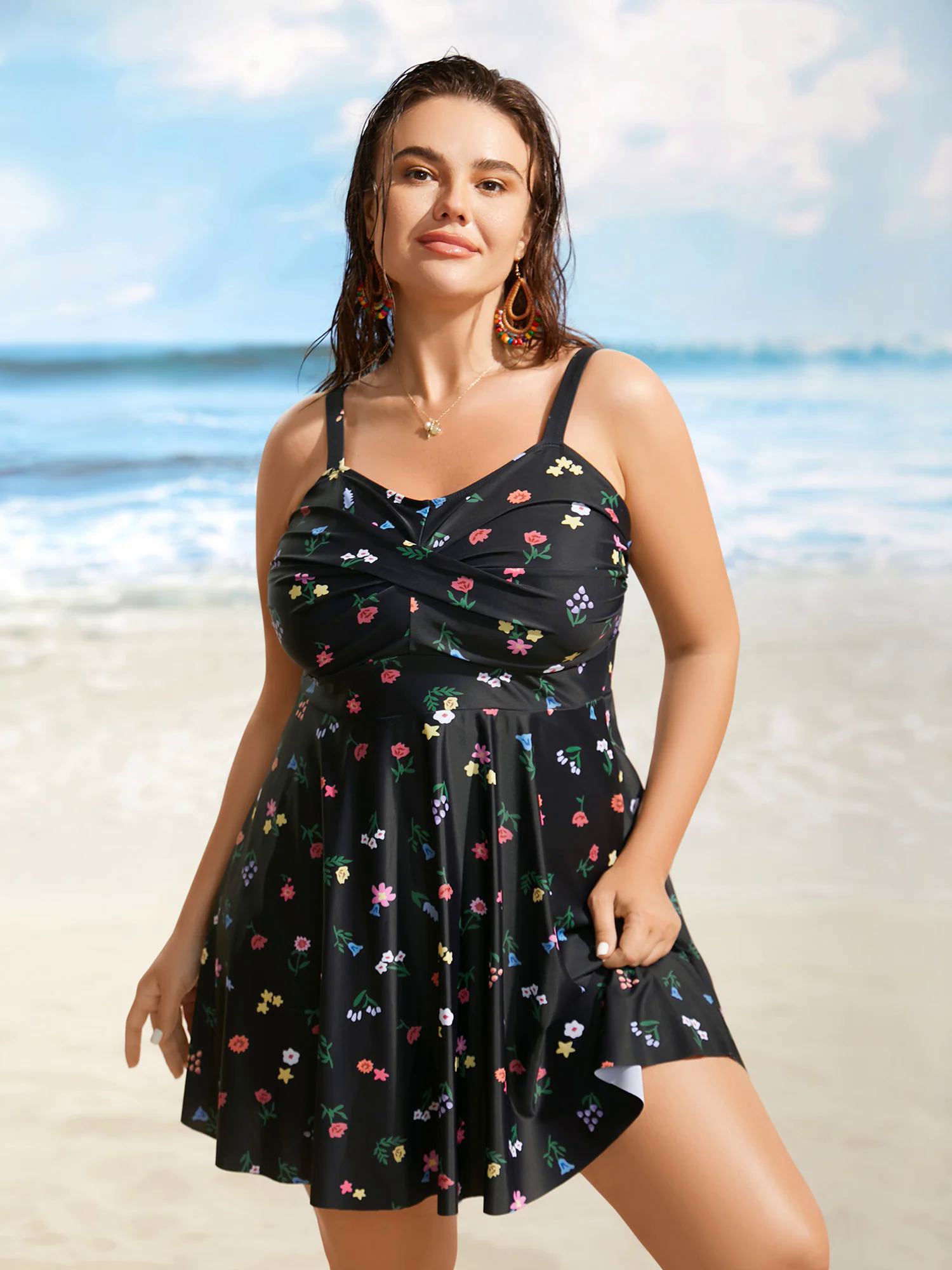 Heart Neckline Floral Twist Front Swim Dress Heart Neckline Floral Twist Front Swim Dress