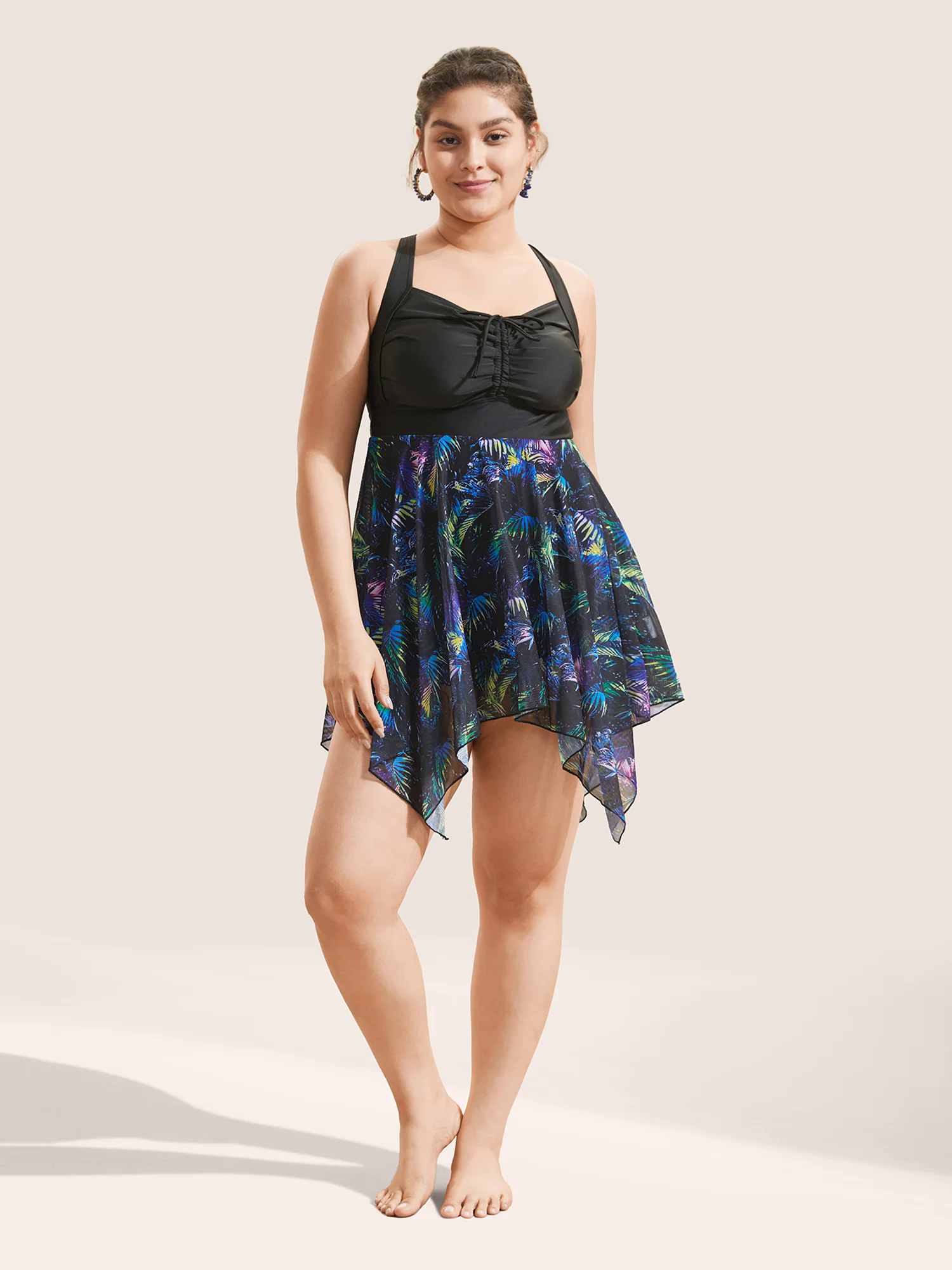 Tropical Ruched Ties Hanky Hem Crisscross Swim Dress Tropical Ruched Ties Hanky Hem Crisscross Swim Dress