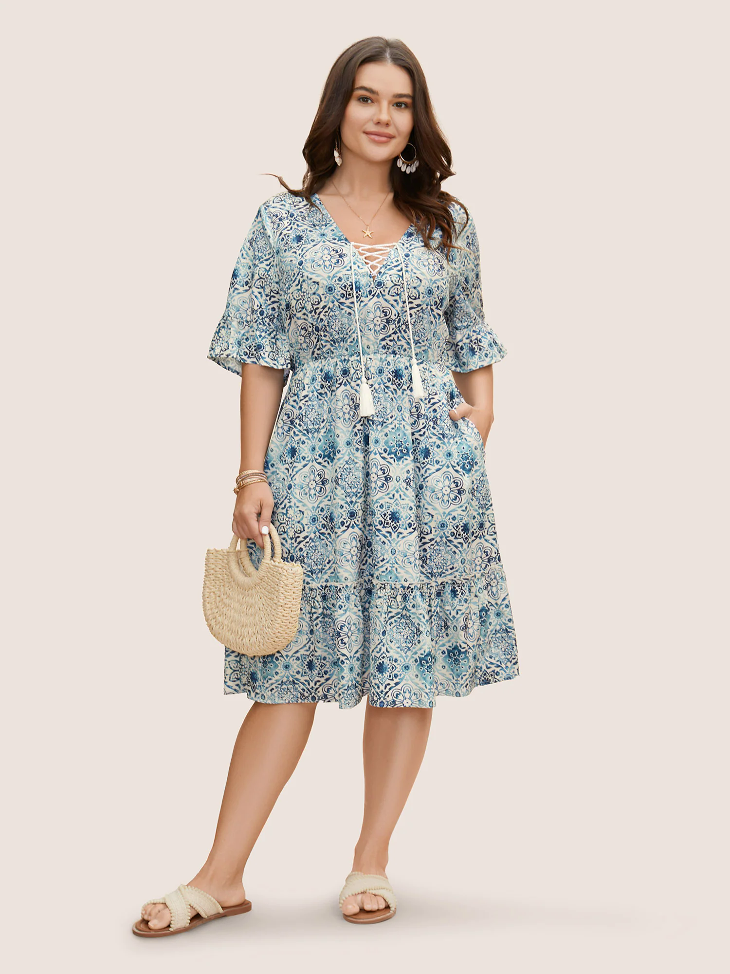 Boho Print Tassels Trim Flutter Sleeve Dress Boho Print Tassels Trim Flutter Sleeve Dress