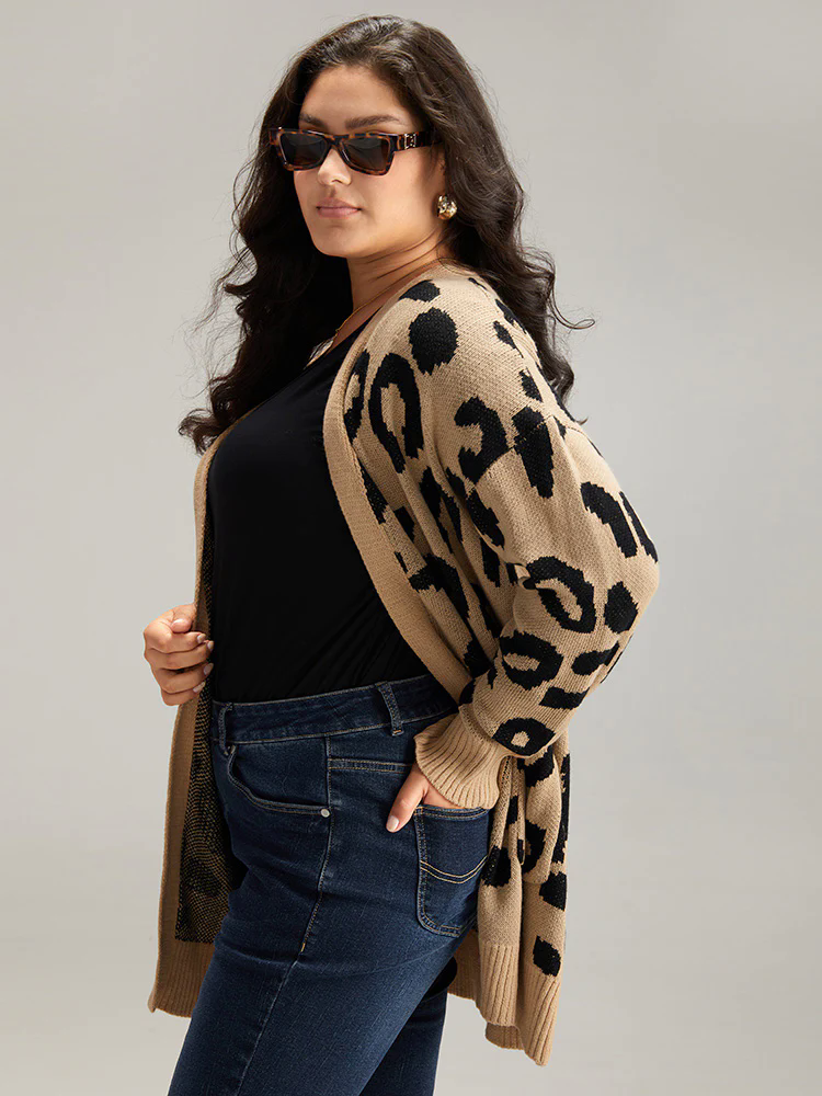 Leopard Elastic Cuffs Drop Shoulder Cardigan Leopard Elastic Cuffs Drop Shoulder Cardigan