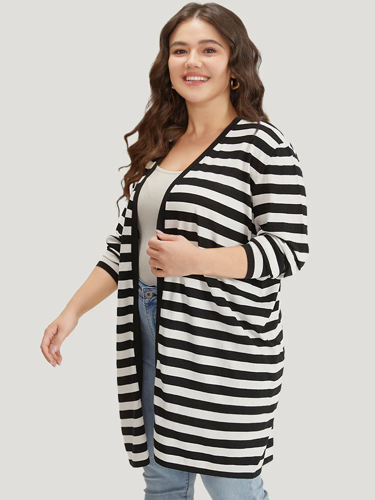 Striped Open Front Drop Shoulder Tunic Cardigan Striped Open Front Drop Shoulder Tunic Cardigan