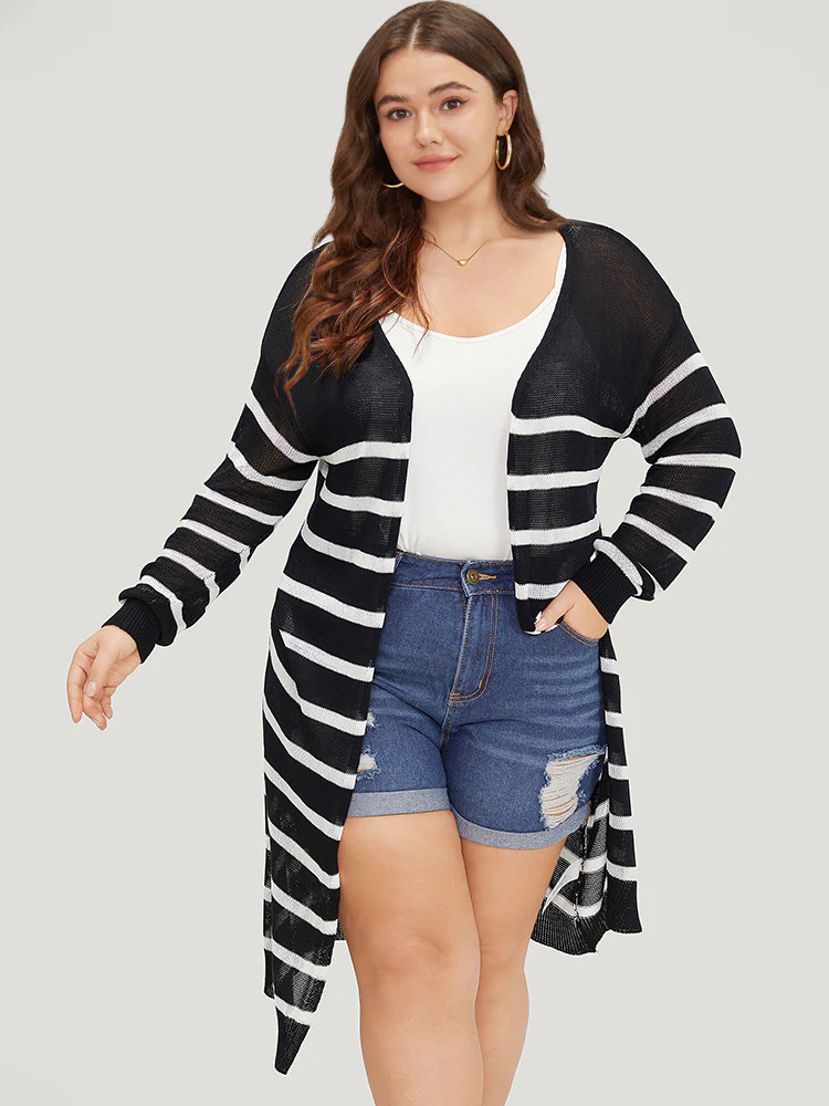 Striped Open Front Elastic Cuffs Drop Shoulder Cardigan Striped Open Front Elastic Cuffs Drop Shoulder Cardigan