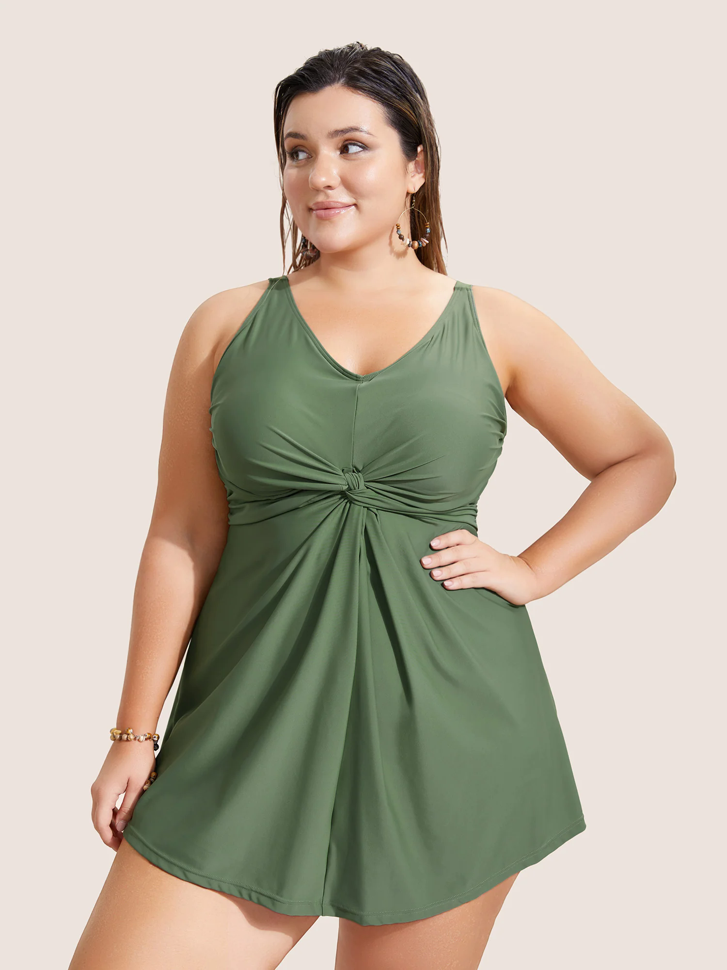 Plain Twist Front Gathered Swim Dress Plain Twist Front Gathered Swim Dress