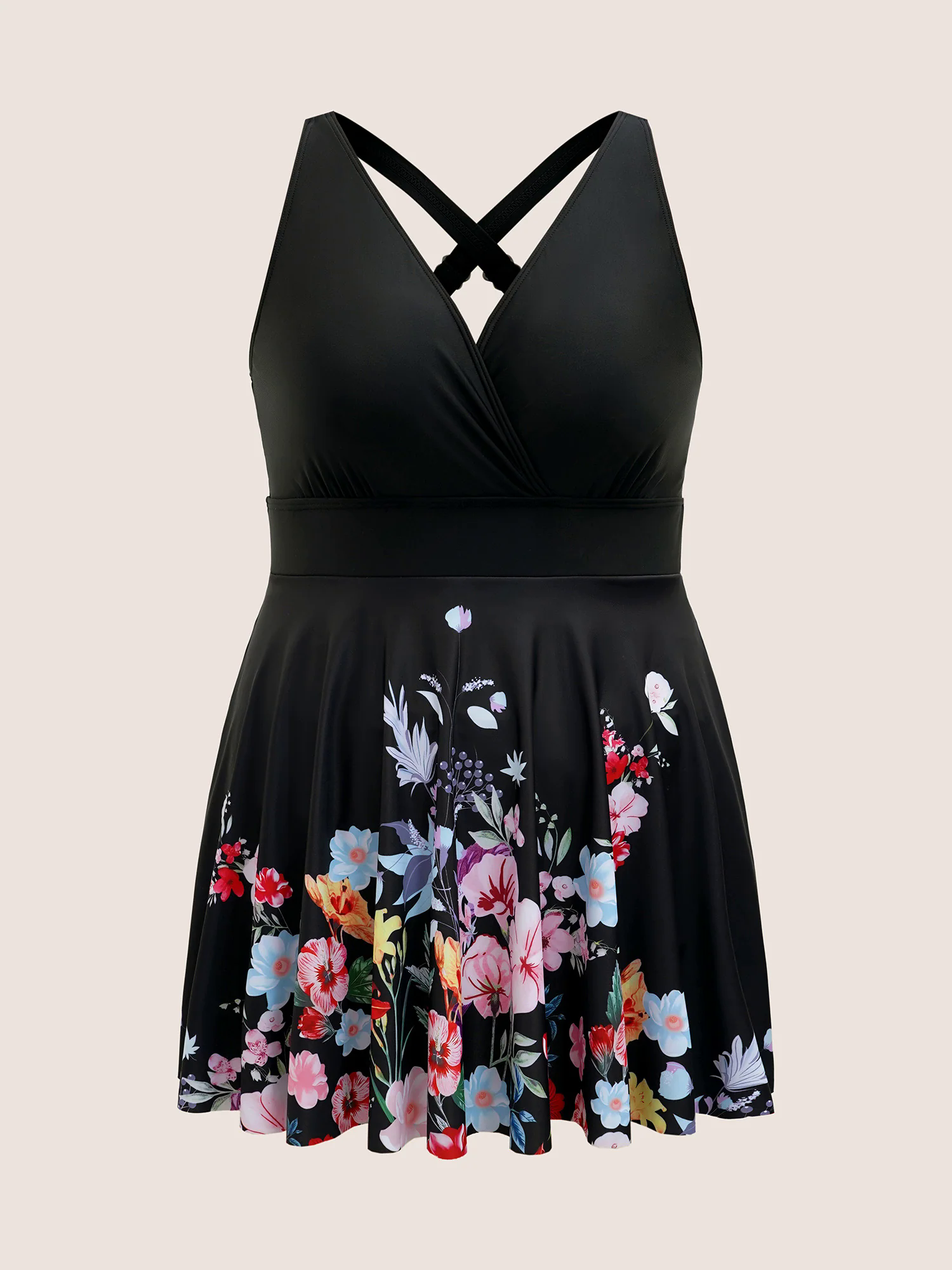 Overlap Collar Natural Flowers Gathered Swim Dress Overlap Collar Natural Flowers Gathered Swim Dress