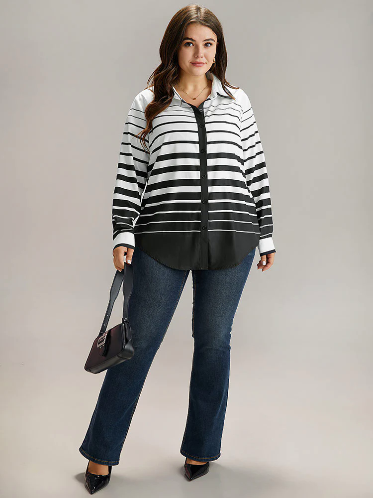 Striped Button Through Curved Hem Blouse Striped Button Through Curved Hem Blouse