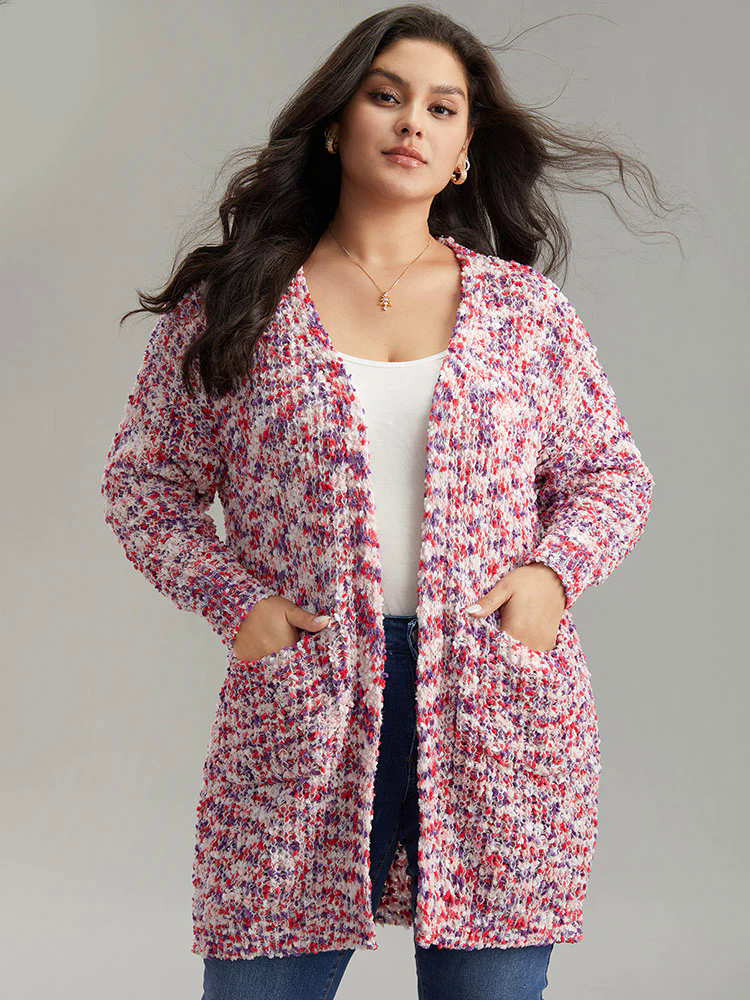 Contrast Fuzzy Open Front Patched Pocket Cardigan Contrast Fuzzy Open Front Patched Pocket Cardigan