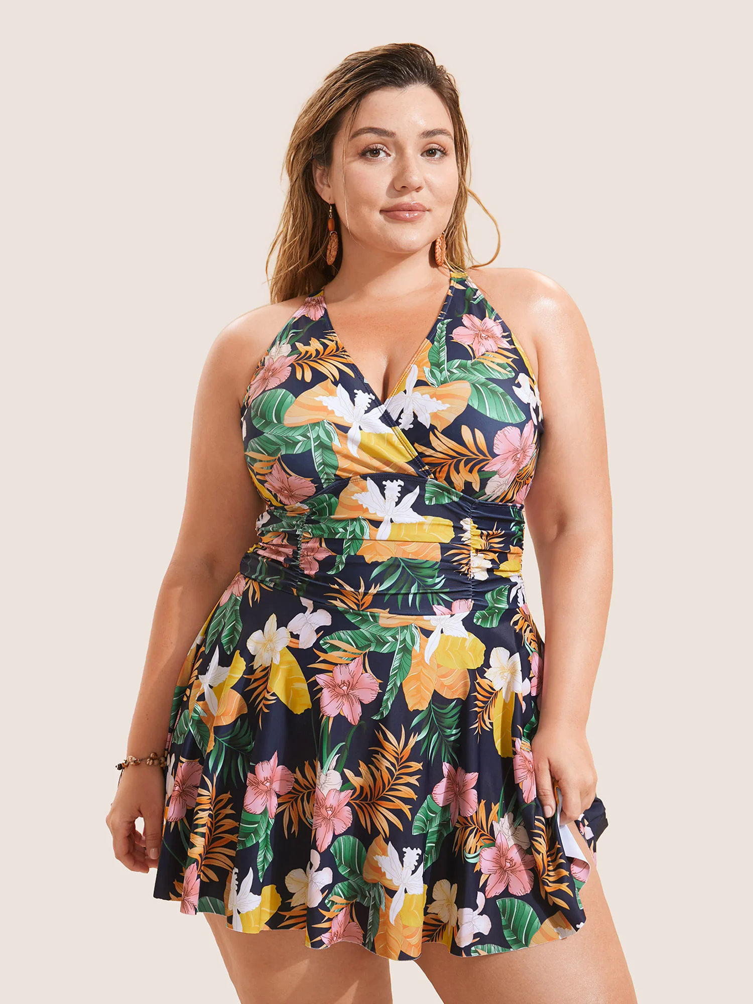 Tropical Adjustable Straps Ruched Swim Dress Tropical Adjustable Straps Ruched Swim Dress