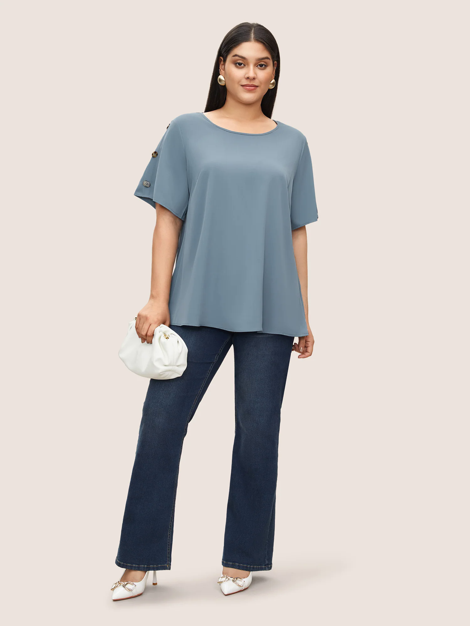 Plain Round Neck Button Detail Blouse Plain Round Neck Button Detail Blouse
