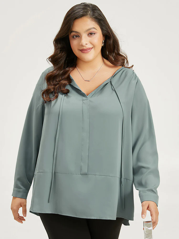 Anti-Wrinkle Solid Tie Neck Gathered Blouse