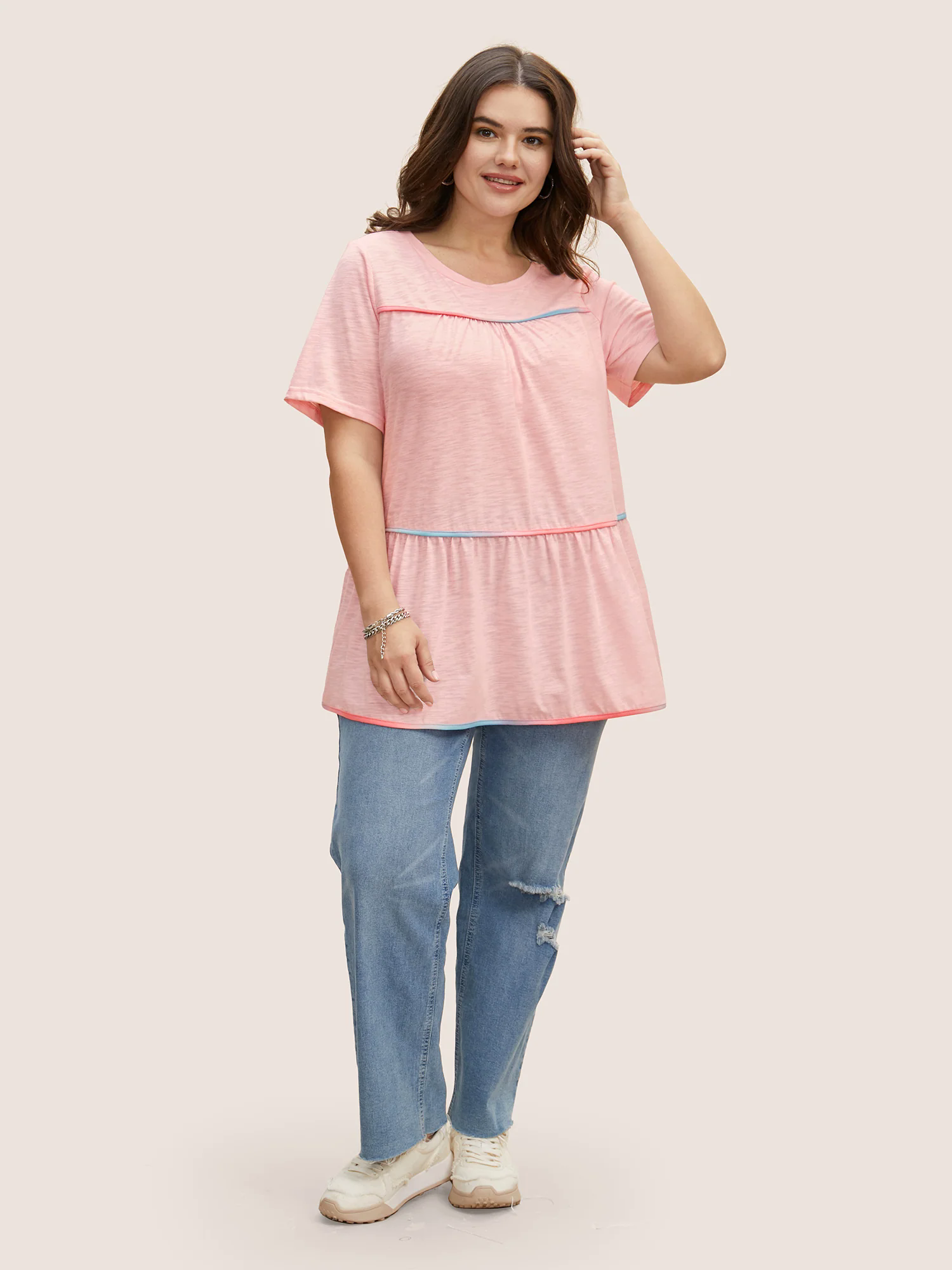 Round Neck Contrast Tucked Seam Ruffles T-shirt Round Neck Contrast Tucked Seam Ruffles T-shirt