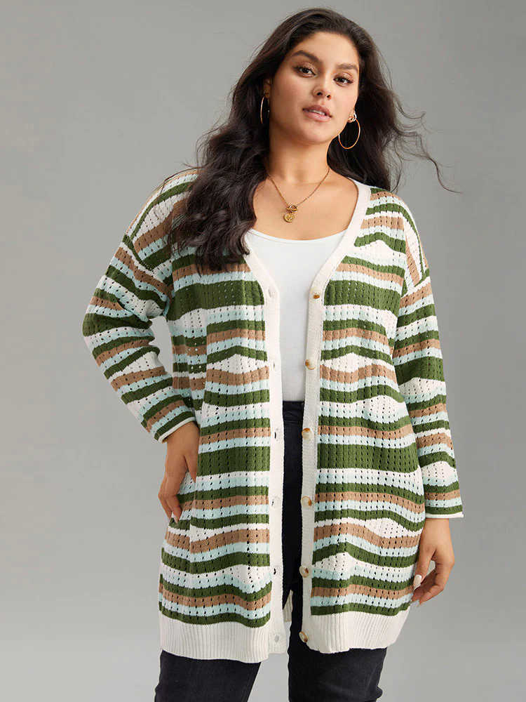 Striped Contrast Button Up Hollow Out Cardigan Striped Contrast Button Up Hollow Out Cardigan