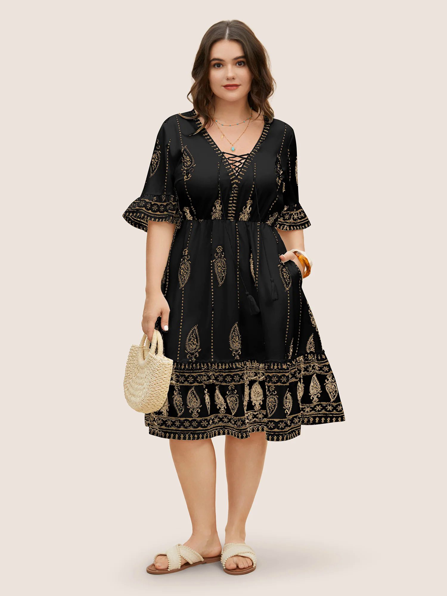 Boho Print Cross Straps Tassels Ruffles Dress Boho Print Cross Straps Tassels Ruffles Dress