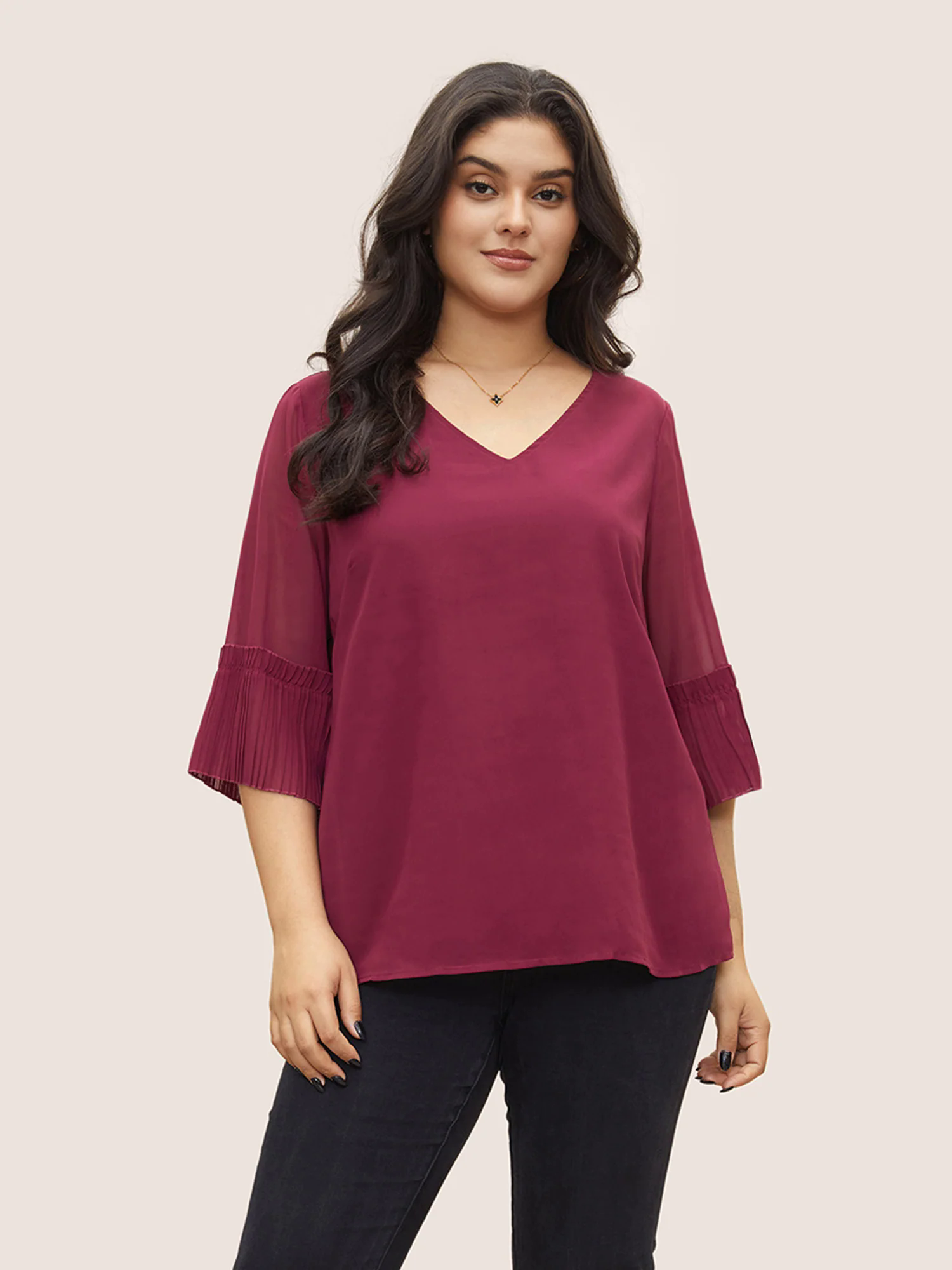Solid Pleated Patchwork Mesh Bell Sleeve Blouse Solid Pleated Patchwork Mesh Bell Sleeve Blouse