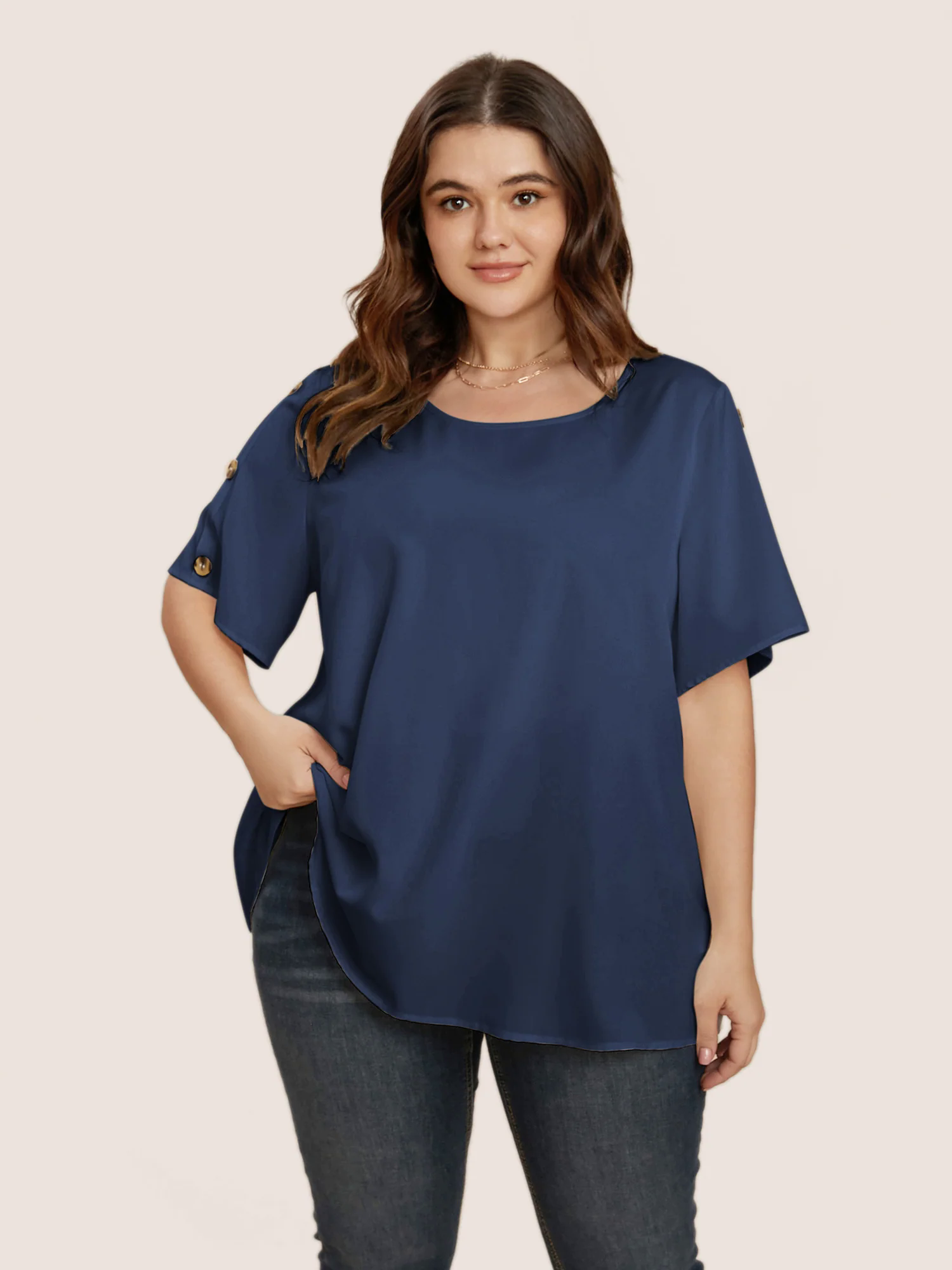 Plain Round Neck Button Detail Blouse Plain Round Neck Button Detail Blouse
