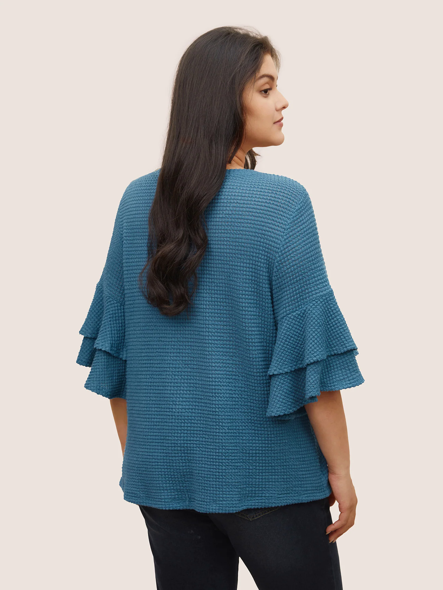 Solid Waffle Knit Tiered Flutter Sleeve T-shirt Solid Waffle Knit Tiered Flutter Sleeve T-shirt
