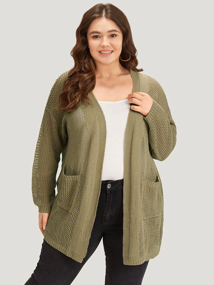 Solid Patched Pocket Open Front Patchwork Cardigan Solid Patched Pocket Open Front Patchwork Cardigan