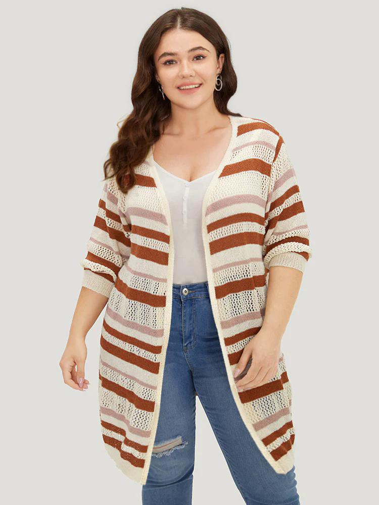 Striped Hollow Out Open Front Split Hem Cardigan Striped Hollow Out Open Front Split Hem Cardigan