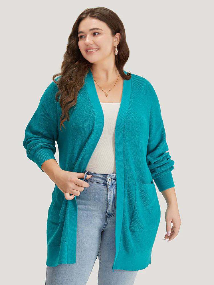 Solid Open Front Patched Pocket Cardigan Solid Open Front Patched Pocket Cardigan