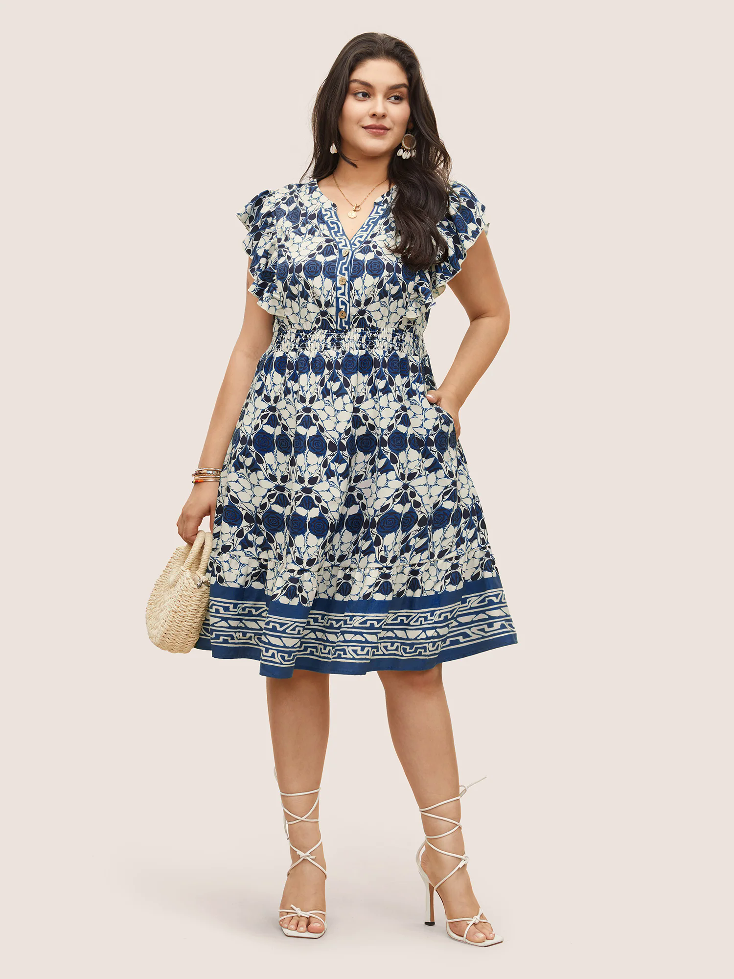 Boho Print Ruffles Shirred Pocket Elastic Waist Dress Boho Print Ruffles Shirred Pocket Elastic Waist Dress