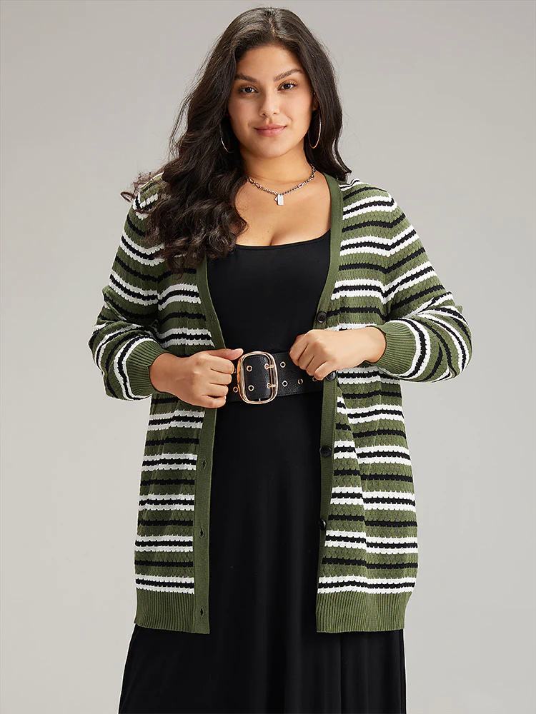 Striped Contrast Elastic Cuffs Button Through Cardigan Striped Contrast Elastic Cuffs Button Through Cardigan