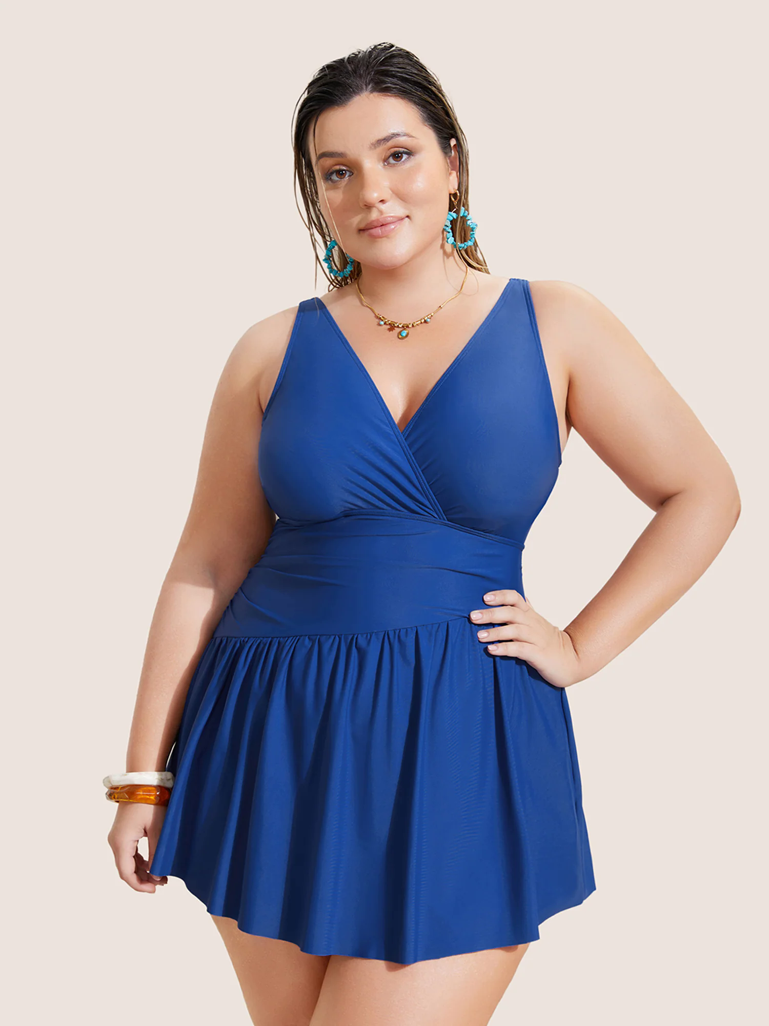 Solid Surplice Neck Gathered Swim Dress Solid Surplice Neck Gathered Swim Dress