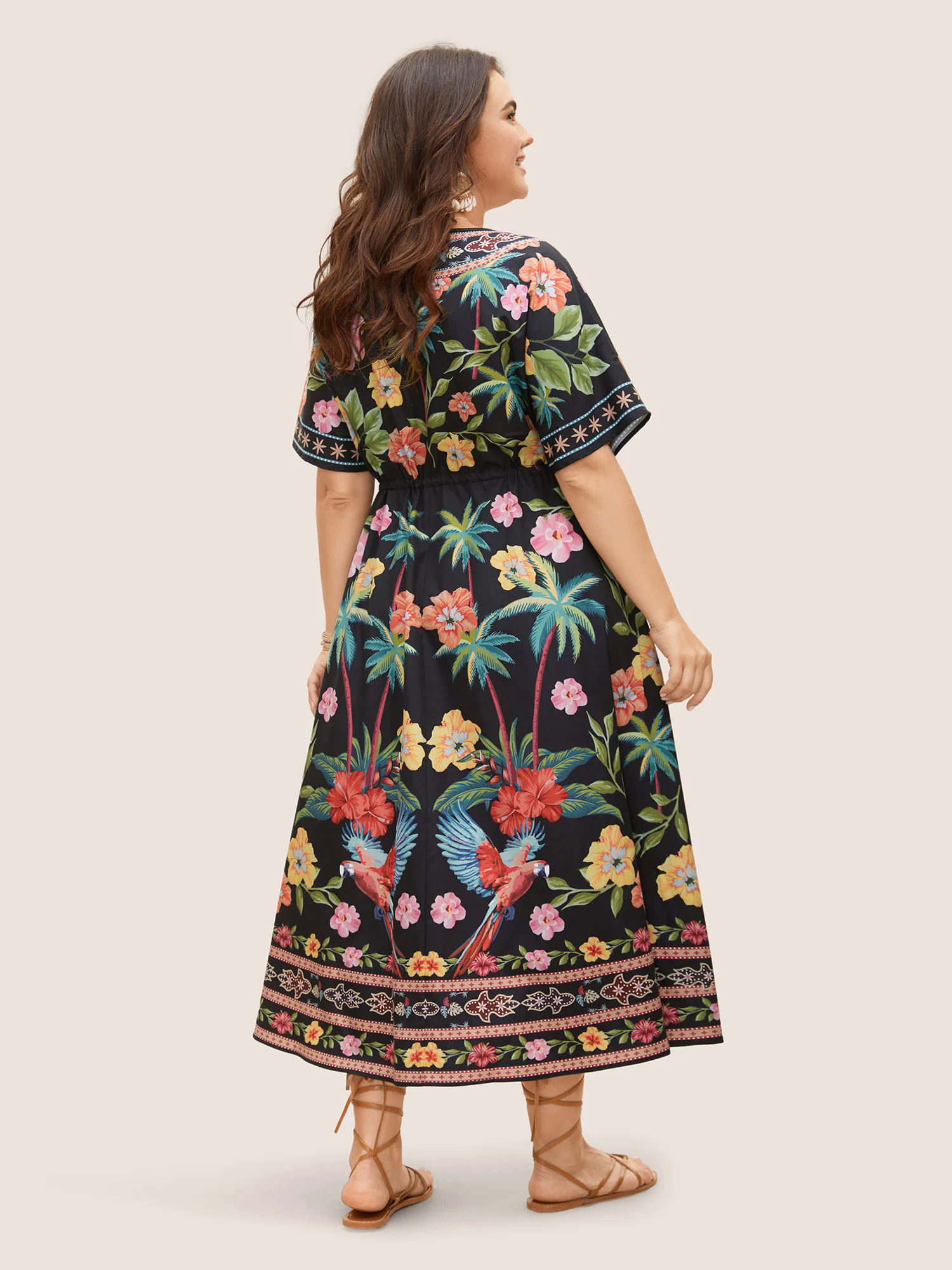 Boho Print Overlap Collar Drawstring Dress Boho Print Overlap Collar Drawstring Dress