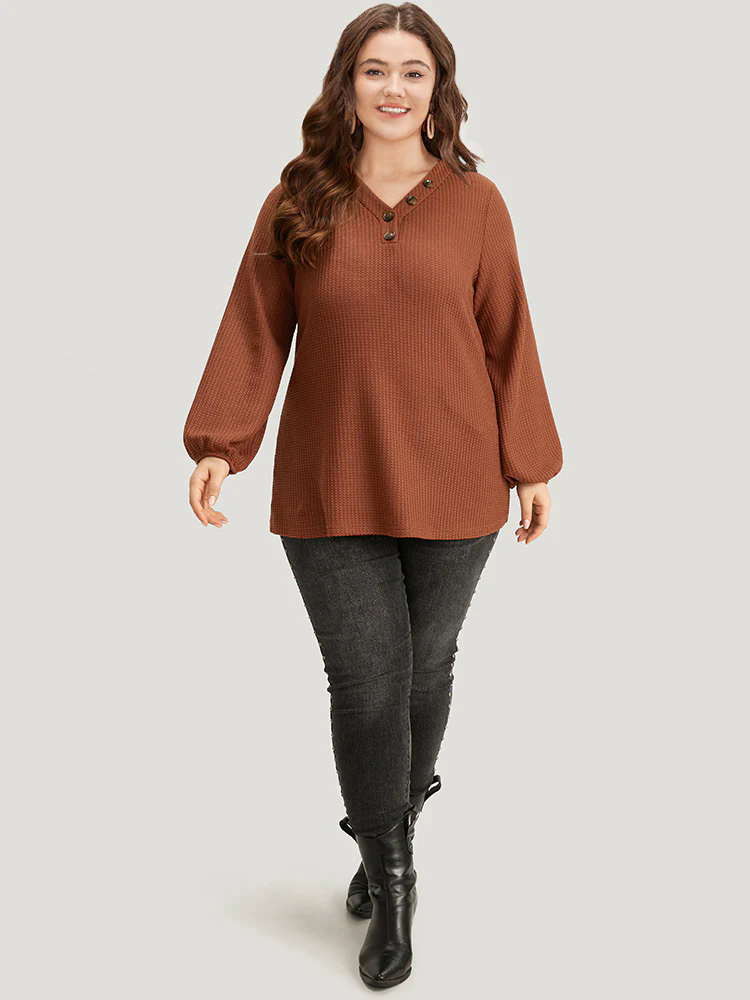 Halloween Solid Waffle Knit Button Up Lantern Sleeve T-shirt Halloween Solid Waffle Knit Button Up Lantern Sleeve T-shirt