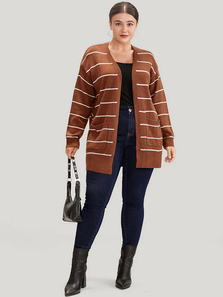 Striped Pointelle Knit Button Side Pocket Open Front Cardigan Striped Pointelle Knit Button Side Pocket Open Front Cardigan