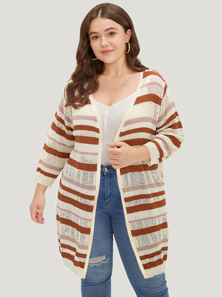 Striped Hollow Out Open Front Split Hem Cardigan Striped Hollow Out Open Front Split Hem Cardigan
