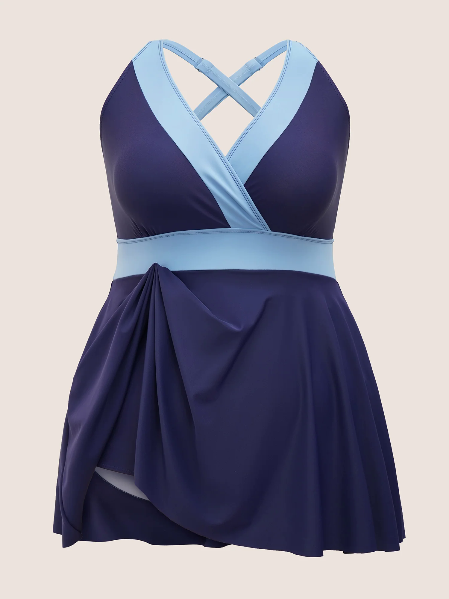 Two Tone Gathered Overlap Collar Swim Dress Two Tone Gathered Overlap Collar Swim Dress
