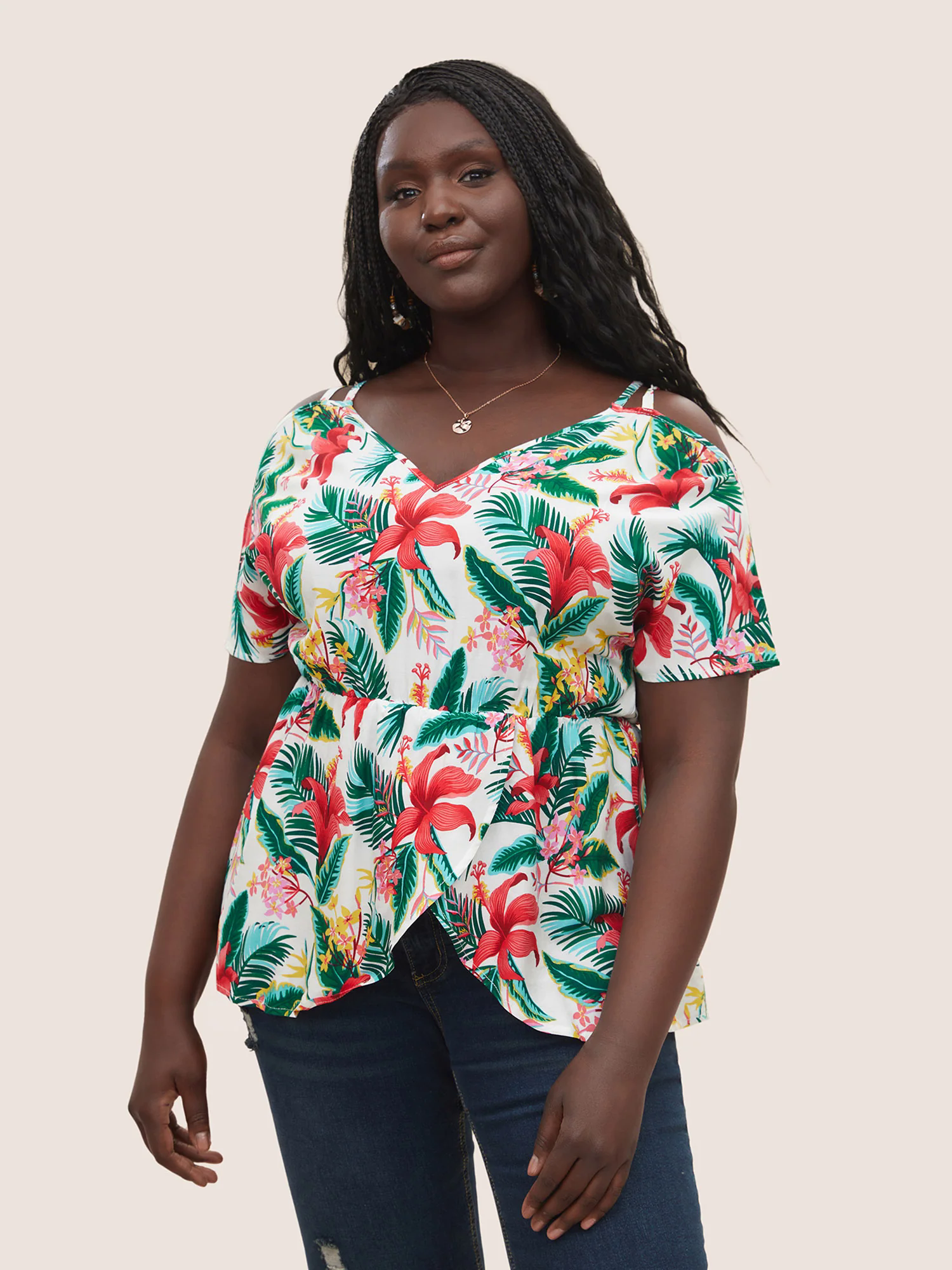 Tropical Print Elastic Waist Cold Shoulder Wrap Hem Blouse Tropical Print Elastic Waist Cold Shoulder Wrap Hem Blouse