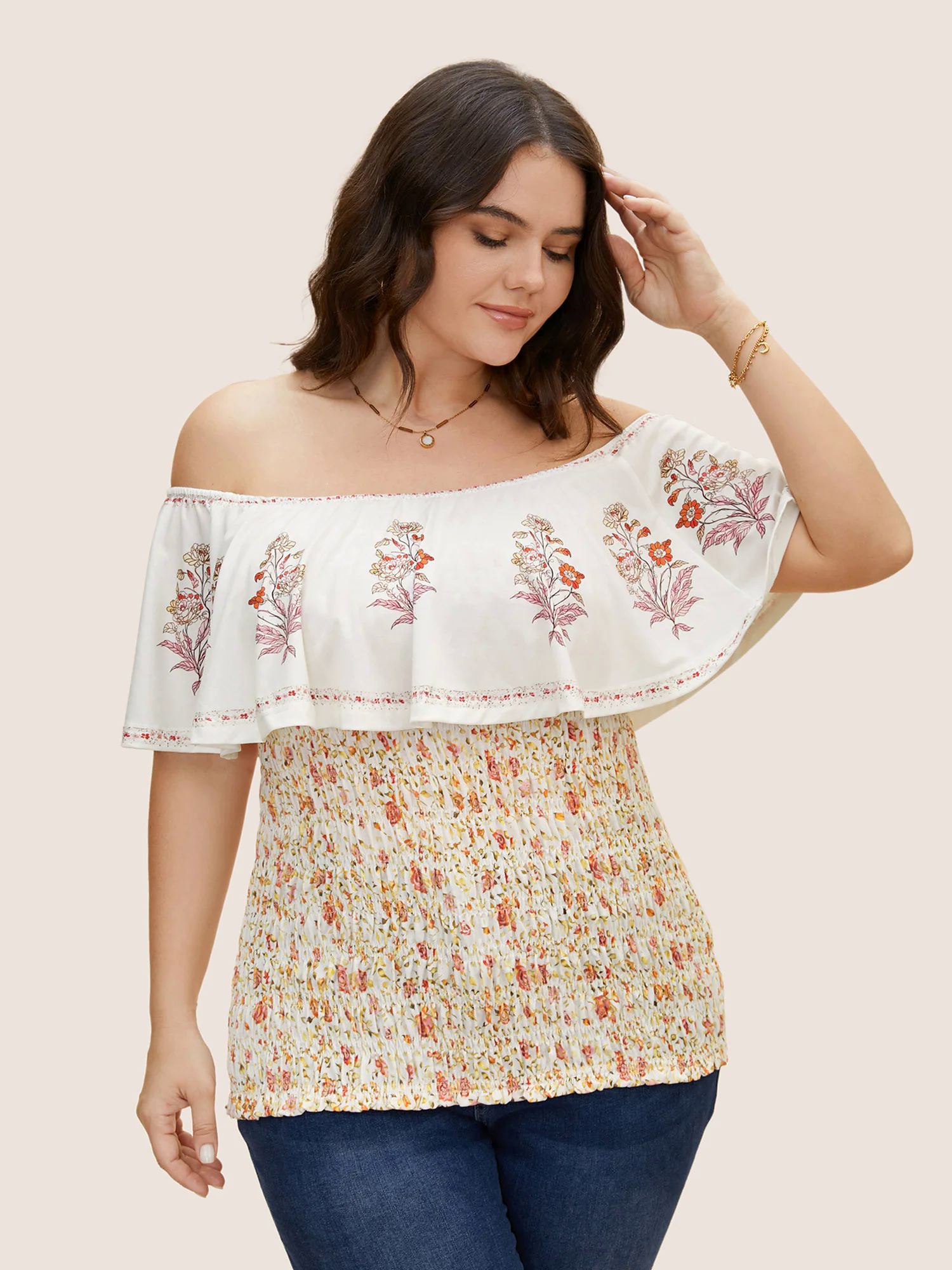 Cold Shoulder Boho Print Shirred T-shirt